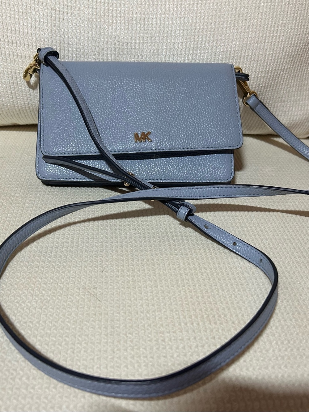 Michael Kors Powder Blue Leather Crossbody Wallet with Gold Hardware